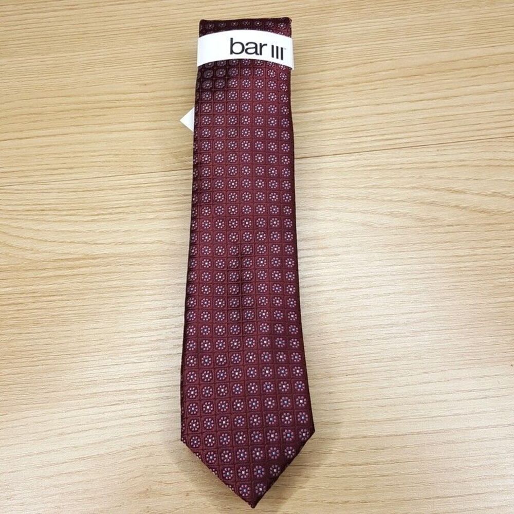 BAR III Mens Neck Tie Burgundy Micro Floral Geometric Slim Skinny